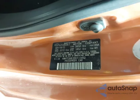 2013 Hyundai Veloster Turbo W/Black from USA, damaged, VIN KMHTC6AE2DU111452